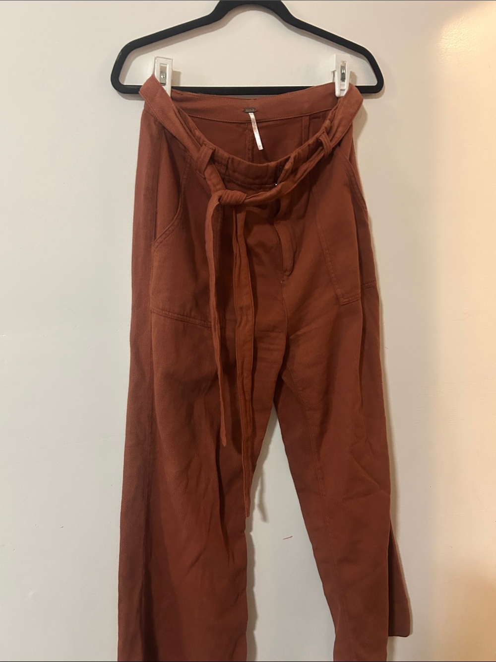 Free People Paperbag Tie-Waist Wide-Leg Pants in Rust Brown